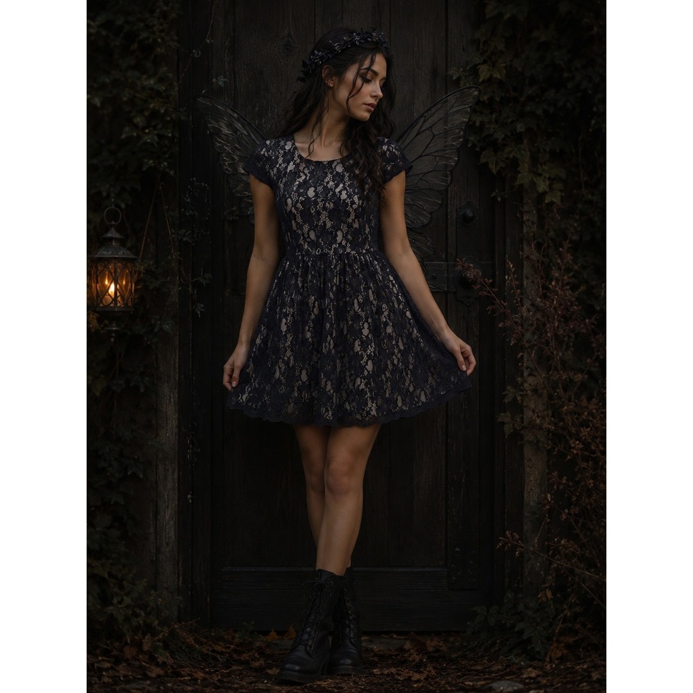 Love‎ on a Hanger Navy Blue Floral Lace V-Back Fit & Flare Mini Dress Small